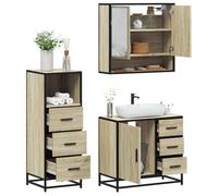 Ensemble de meubles de salle de bain 3 pièces en chêne Sonoma avec meuble | Cadre en métal, résistant à l'humidité, beaucoup d'espace de rangement, surface miroir en verre transparent