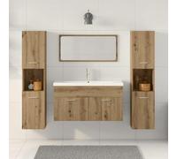 Ensemble de meubles de salle de bain 4 pièces chêne artisanal | Meuble évier 90 cm, miroir, 2 armoires, aggloméré et verre, 60 kg