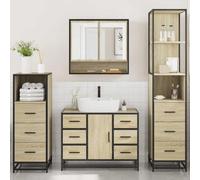 Ensemble de meubles de salle de bain 4 pièces chêne Sonoma | Panneau de particules et métal, armoire miroir 65 x 20 x 60 cm, lavabo 80 x 33 x 60 cm, montage mural