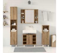 Ensemble de meubles de salle de bain 4 pièces en chêne artisanal aggloméré | Avec miroir de 80 cm, meuble de 179 cm de haut, évier de 60 cm, anti-basculement