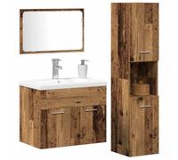 Ensemble de meubles de salle de bain 4 pièces marron bois multicouche | Miroir avec étagère, armoires, organisateur moderne, pour décoration de salle de bain