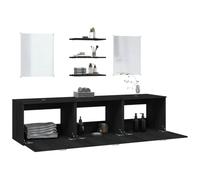 Ensemble de meubles de salle de bain 6 pièces noir bois multicouche 180 x | Montage mural, 3 étagères, 2 miroirs, lavabo non inclus, vidage inclus