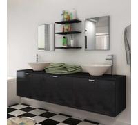 Ensemble de meubles de salle de bain 8 pièces noir avec meuble lavabo et 2 | Meuble de lavabo mural avec 3 portes rabattables, 2 miroirs, 3 étagères, vis de vidange pop-up incluses
