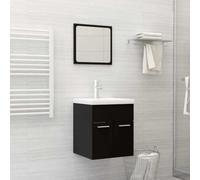Ensemble de meubles de salle de bain aggloméré noir avec armoire de lavabo | Armoire de lavabo à 2 portes, lavabo en céramique, fonction trop-plein, miroir, robinet et vidage pop-up inclus