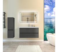 Ensemble de Meubles de Salle de Bain Brillance Anthracite 100cm, Vasque Céramique + 110cm Colonne + Miroir Lumineux avec 3 Couleurs