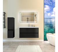 Ensemble de Meubles de Salle de Bain Brillance Noir 100cm, Vasque Céramique + 110cm Colonne + Miroir Lumineux avec 3 Couleurs