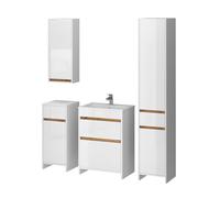 Vicco Ensemble de meubles de salle de bain Detmold, 5 pièces, Blanc Haute brillance/Chêne de force doré
