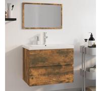 Ensemble de meubles de salle de bain en bois de chêne fumé avec meuble sous | Montage mural, tiroir, fonction trop-plein, robinet et vidage inclus, finition chêne fumé