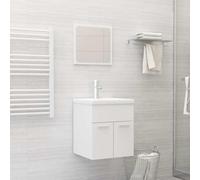 Ensemble de meubles de salle de bain en bois d'ingénierie blanc avec miroir | Armoire de lavabo, 1 compartiment, 2 portes, lavabo en céramique, surface émaillée, trop-plein, robinet inclus, vidage pop-up