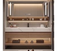 Ensemble de meubles de salle de bain en bois massif de 152,4 cm avec comptoir en marbre, miroir LED anti-buée et évier flottant, solution de rangement rustique moderne pour salles de bains élégantes