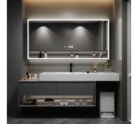 Ensemble De Meubles De Salle De Bain, Ensemble De Meubles De Salle De Bain, Lavabo Inclus, Armoire À Miroir avec Lumière LEDBlack,160cm/63in