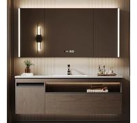 Ensemble de meubles de salle de bain marron, 150 cm, vanité murale avec évier, armoire à miroir LED, rangement de salle de bain moderne, design peu encombrant, décoration d'intérieur élégante, 152,4