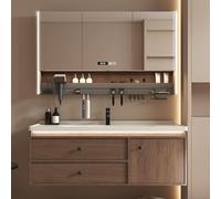 Ensemble de meubles de salle de bain marron avec lavabo mural et miroir LED 110 cm - Design moderne et élégant pour salle de bain élégante