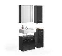 Ensemble de meubles de salle de bain : Meuble sous vasque + 2 demi colonnes + meuble de rangement avec miroirs - Noir laqué - KL