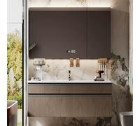 Ensemble de meubles de salle de bain moderne avec évier, miroir LED de 80 cm, meuble de rangement marron, décoration de salle de bain élégante, design contemporain pour rénovation de maison