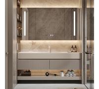 Ensemble de meubles de salle de bain muraux de 80 cm avec évier, éclairage LED, armoires beiges, design moderne, rangement peu encombrant, meuble de salle de bain élégant