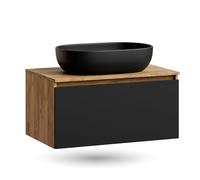 Ensemble de meubles de salle de bain Planetmöbel Arisa - Lavabo de 80 cm doré avec évier en chêne noir de 60 cm, y compris siphon économiseur d'espace