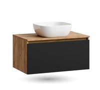 Ensemble de meubles de salle de bain Planetmöbel Arisa - Lavabo de 80 cm en or chêne noir, vasque de 42 cm blanche, avec siphon économiseur d'espace inclus