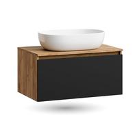 Ensemble de meubles de salle de bain Planetmöbel Arisa - Meuble lavabo 80 cm doré avec étagère en chêne noir, lavabo 60 cm blanc, siphon économiseur d'espace inclus