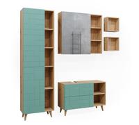 Vicco Ensemble de meubles de salle de bain Rudi, 5 pièces, avec armoire haute, Vert menthe/Chêne