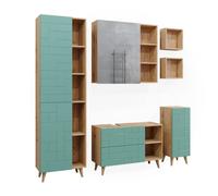 Ensemble de meubles de salle de bain Rudi, 6 pièces, avec armoire haute, Vert menthe, Chêne, Vicco