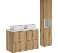 Ensemble De Meubles De Salle De Bains 100 Cm En Chêne Avec Plateau Blanc Et Colonne