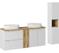 Ensemble De Meubles De Salle De Bains 140 Cm Blanc Chêne Rainuré 2 Lavabos Armoire Haute
