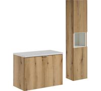 Ensemble De Meubles De Salle De Bains 80 Cm En Chêne Avec Plateau Blanc Et Colonne