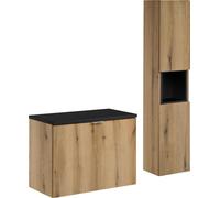 Ensemble De Meubles De Salle De Bains 80 Cm En Chêne Avec Plateau Noir Et Colonne Haute