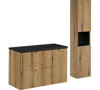 Ensemble De Meubles De Salle De Bains 90 Cm En Chêne Naturel Avec Plateau Noir Et Colonne