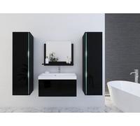 Ensemble de meubles de salle de bains noir collection BIRD. 2 armoires hautes, armoire basse, lavabo 80cm, miroir, siphon et lampes LED.