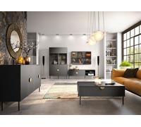 Ensemble de meubles de salon : meuble TV, table basse, buffet, vitrine, noir avec poignées dorées, collection MONDO