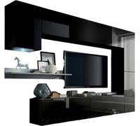 Ensemble de meubles de salon noir de la collection CEPTO VI, 256cm, avec 7 portes, étagère murale blanche, LEDs, modulable.