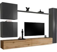 Ensemble de meubles de salon SWITCH VIII. Meuble TV mural design, couleur chêne Wotan et gris brillant.