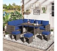 Ensemble de meubles de terrasse 7 pièces avec housse de protection, canapé sectionnel d'extérieur en rotin avec table à manger, chaise et ottomane et ensemble de conversation sur le vin pour jardin