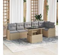 Ensemble de meubles de terrasse rectangulaire 7 pièces en polyrotin beige avec coussins, coin de jardin, 3 sièges centraux, 2 canapés et une table en verre trempé, configuration modulaire.