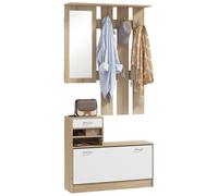 HOMCOM Ensembles 3 en 1 de Meuble d'entrée vestiaire avec Panneau Porte-Manteau, Miroir et Banc à Chaussures - 6 Crochets et étagère réglable, Bois Naturel et Blanc