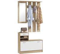 HomCom – Ensemble d'entrée design blanc effet bois clair – 3 en 1 miroir & banc, 6 crochets
