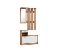 HomCom Meuble d'entrée 3-en-1 Vestiaire avec miroir, banc à chaussures, 6 crochets – Noyer/Blanc