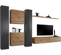 Ensemble de meubles design pour le salon SWITCH VI. Couleurs gris et chêne, finition gris brillant et chêne à effet fraisé.
