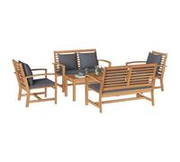Ensemble de meubles d'extérieur en teck, avec 2 bancs, 2 chaises et 1 table. Design traditionnel et solide, fait main, finition lisse et brune. Parfait pour le patio, le jardin, le balcon ou la salle