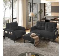Ensemble de meubles ergonomiques 3 pièces rembourrés en cordon, canapé 2 places, fauteuil et ottoman, beige avec cadre en métal, poches latérales pour le confort et le style du salon