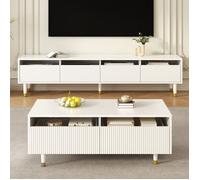 Ensemble de meubles LED moderne meuble TV à quatre portes et table basse à deux tiroirs-avec design doré-éclairage LED-Blanc
