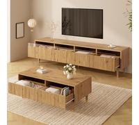 Ensemble de Meubles LED Modernes : Meuble TV 4 Portes et Table Basse 2 tiroirs - éclairage LED, Structure ondulée et façade en Acrylique pour Un Style de Vie élégant (Wood + MDF)