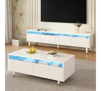 Ensemble de Meubles LED Modernes : Meuble TV 4 Portes et Table Basse 2 tiroirs - éclairage LED, Structure ondulée et façade en Acrylique pour Un Style de Vie élégant (White + MDF)