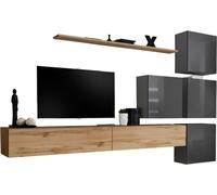 Ensemble de meubles muraux de salon SWITCH IX design, couleur chêne wotan et gris brillant.