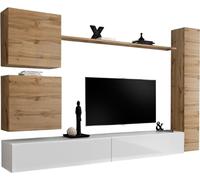 Ensemble de meubles muraux de salon SWITCH VIII. Meuble TV mural design en blanc brillant et chêne Wotan.