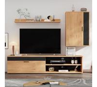 Ensemble De Meubles Muraux TV 140 * 35 * 39cm, Mur Multimédia Comprenant Un Meuble TV, Une Étagère sur Pied Et Une Étagère Murale, Ensemble De Meubles De Salon, Couleur Bois + Noir