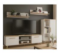 Ensemble de meubles OSLO salon - commode, meuble TV, 2 étagères, blanc / chêne Artisan