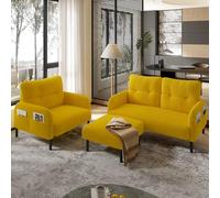 Ensemble de meubles rembourrés ergonomiques 3 pièces - Canapé, fauteuil et cadre en métal durable, poches latérales et support dorsal pour le confort du salon Jaune